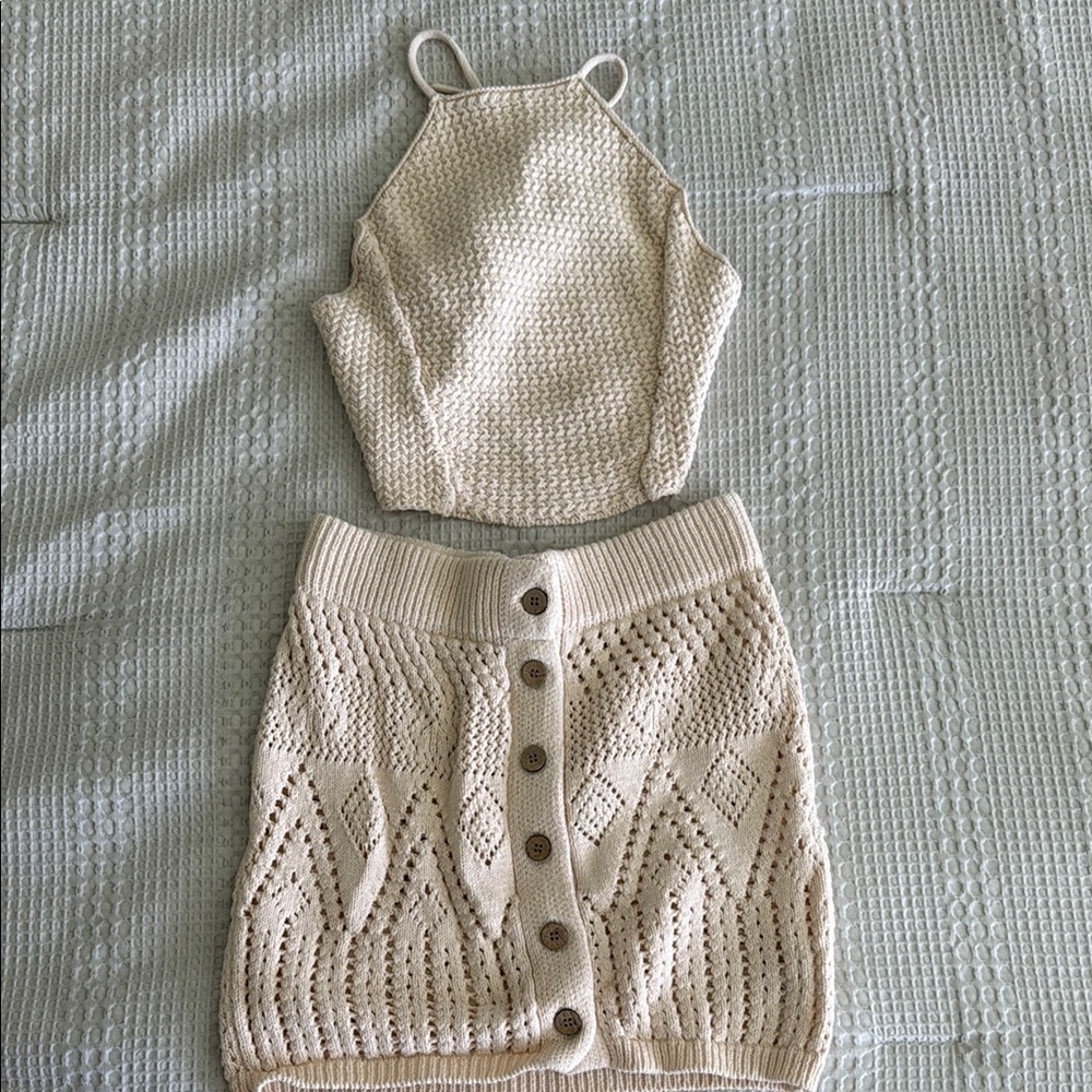 Free People Cream Knit Halter Mini Set